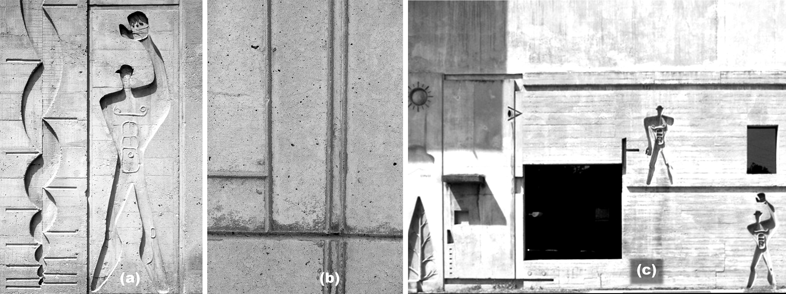 two examples of decorative treatment of concrete surfaces: on the left (a) the Modulor man in Le Corbusier's Marseille Unité d'habitation; on the right (b) Louis Kahn's concrete work at the Salk Institute in La Jolla, California